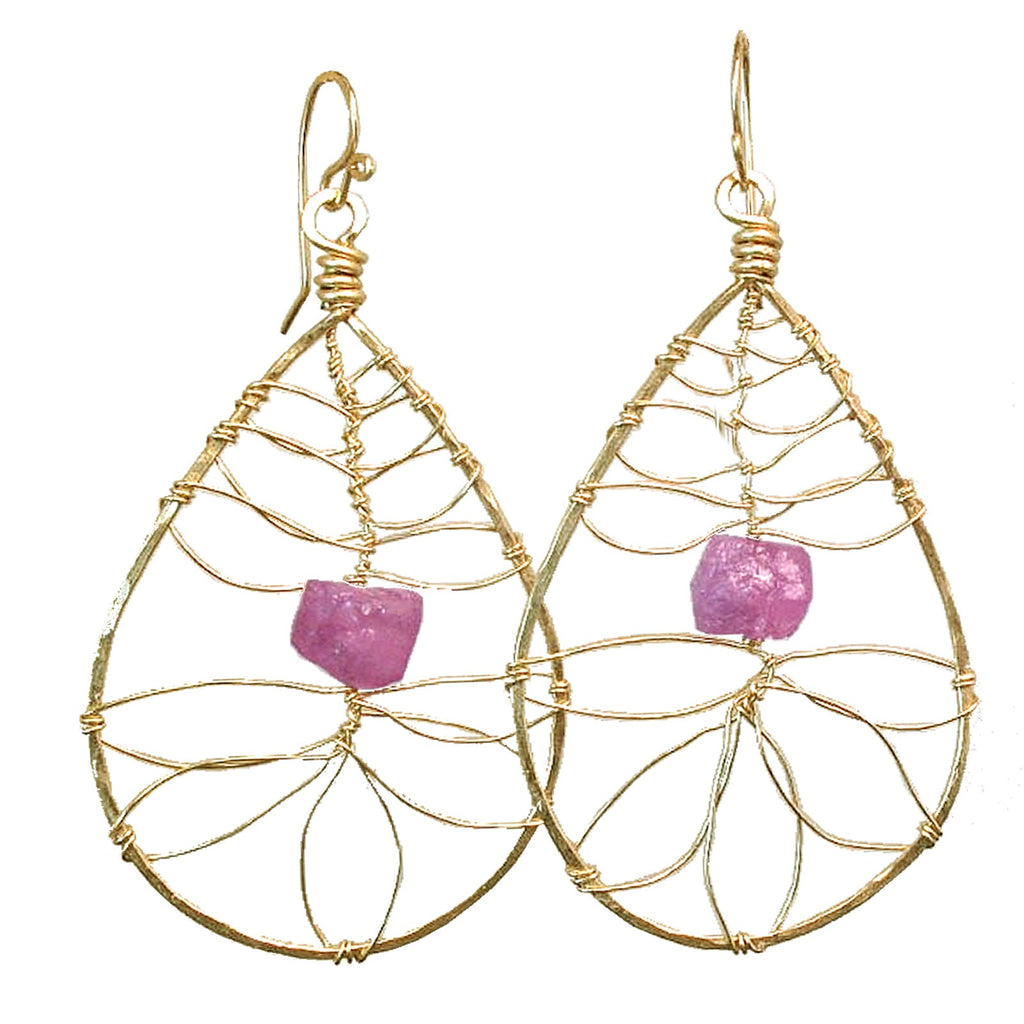 Hammered Flower Petal Earrings with Pink Ruby - ClickThatClicks 