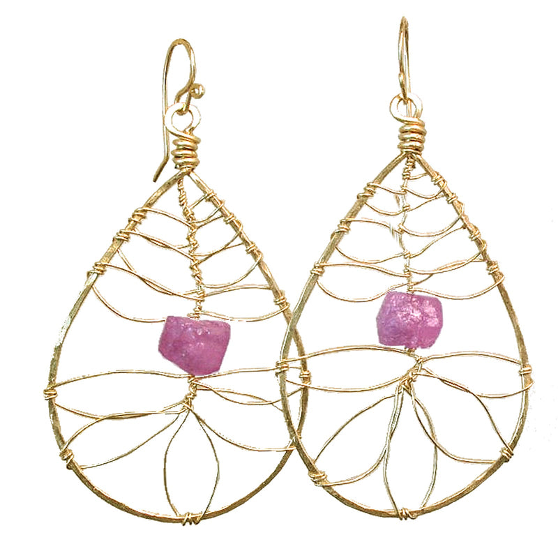 Hammered Flower Petal Earrings with Pink Ruby - ClickThatClicks 