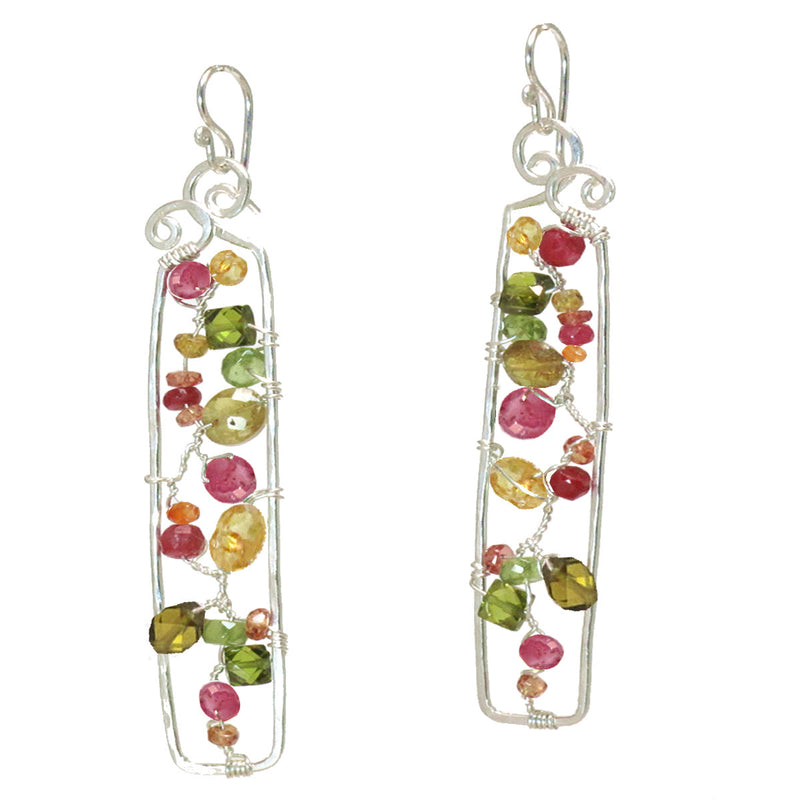 Long Rectangular Earrings with Ruby, Peridot & Green Garnet - ClickThatClicks 
