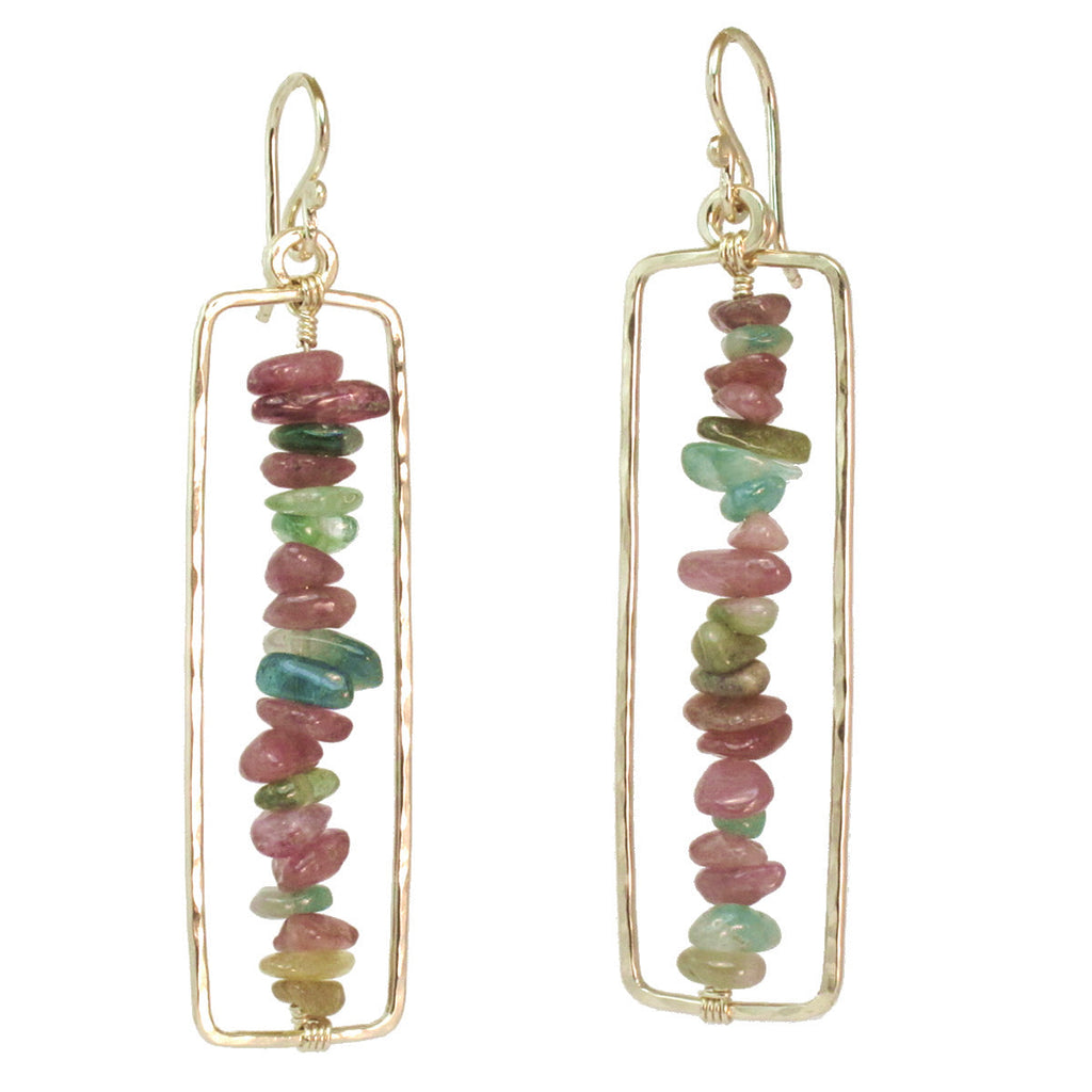Hammered Rectangle Earrings with Smooth Round Tourmaline - ClickThatClicks 