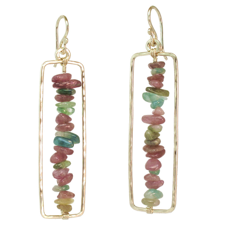 Hammered Rectangle Earrings with Smooth Round Tourmaline - ClickThatClicks 