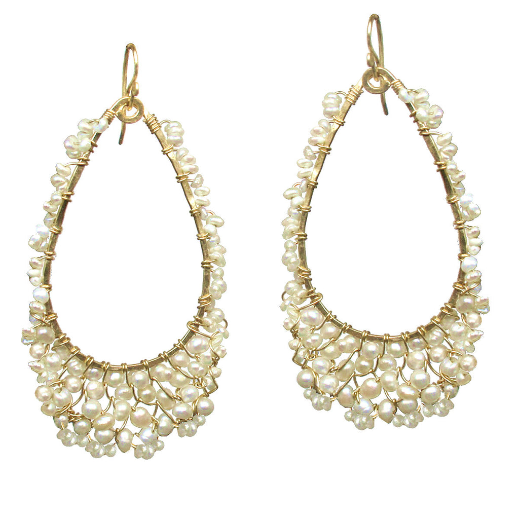 Ivory Pearl Drop Earrings – Hammered Teardrop Design