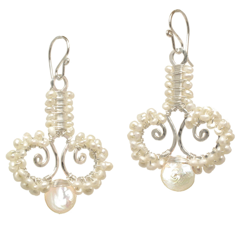 Ivory Pearl Drop Earrings – Hammered Swirled Design