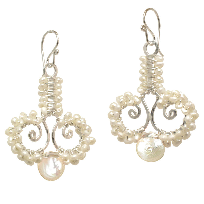 Ivory Pearl Drop Earrings – Hammered Swirled Design