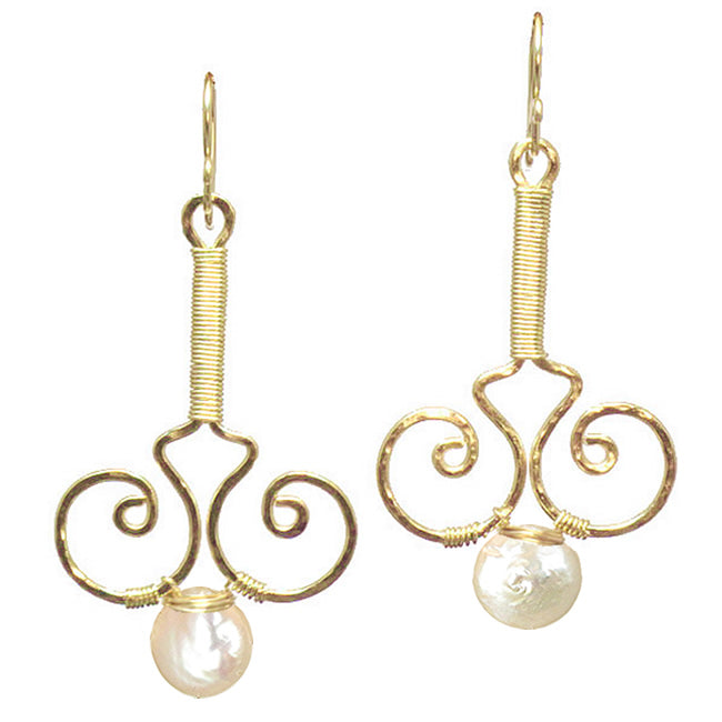Ivory Coin Pearl Earrings – Hammered Scrolly Drop Design