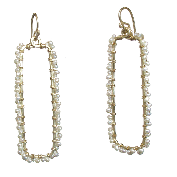 Hammered Rectangle Earrings with Wrapped Ivory Seed Pearls