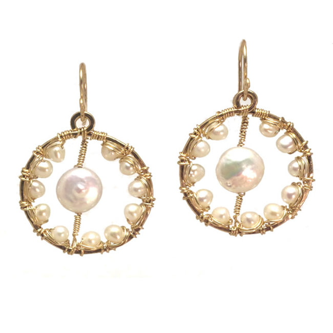 Hammered Circle Earrings with Wrapped Ivory Pearls Inside
