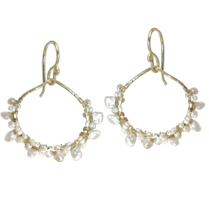Hammered Drop Earrings with Wrapped Ivory Keshi Pearls