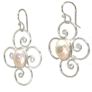 Hammered Swirl Earrings with Center Ivory Pearl