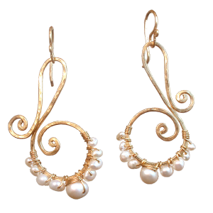 Hammered Swirl Earrings with Wrapped Ivory Pearls