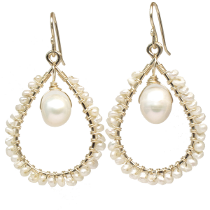 Hammered Long Drop Earrings with Wrapped Ivory Pearls
