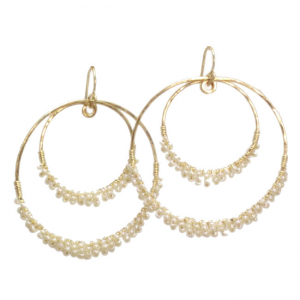Hammered Circle Earrings with Wrapped Ivory Pearls