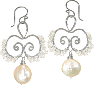 Hammered Circle Earrings with Wrapped Ivory Pearls