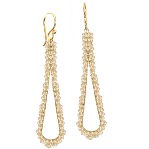 Hammered Long Drop Earrings with Wrapped Ivory Pearls