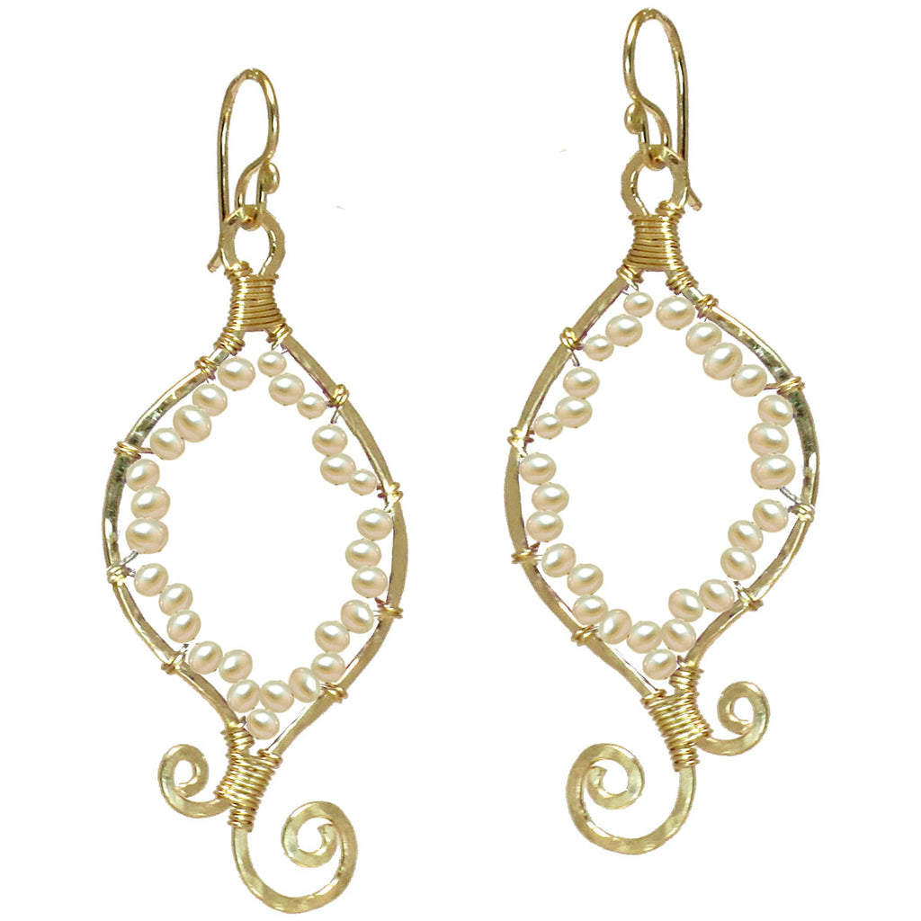 Hammered Swirly Earrings with Wrapped Ivory Pearls