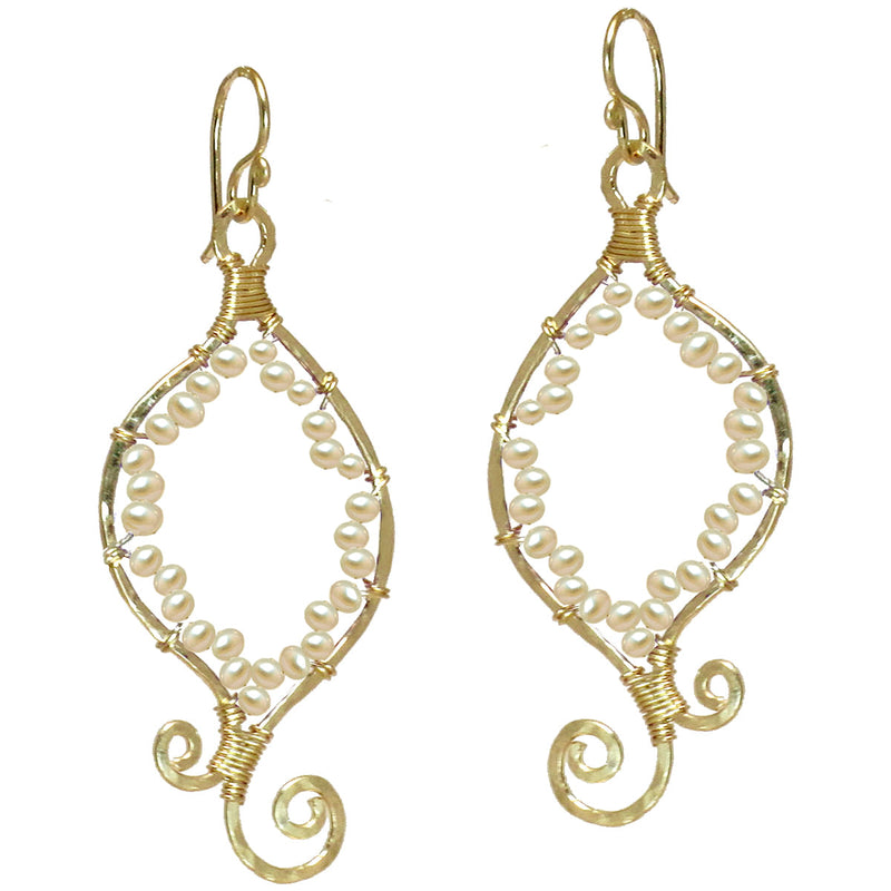 Hammered Swirly Earrings with Wrapped Ivory Pearls