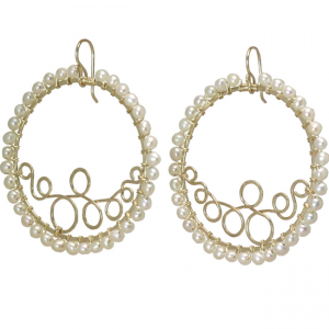 Hammered Circle Earrings with Squiggle Design & Wrapped Ivory Pearls