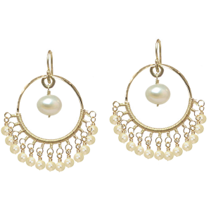 Hammered Circle Earrings with Wrapped Ivory Pearls