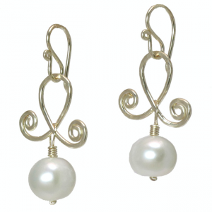 Hammered Circle Earrings with Wrapped Ivory Pearls