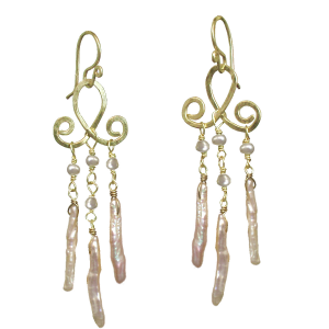 Pink Biwa Pearl Hammered Curled Wire Earrings