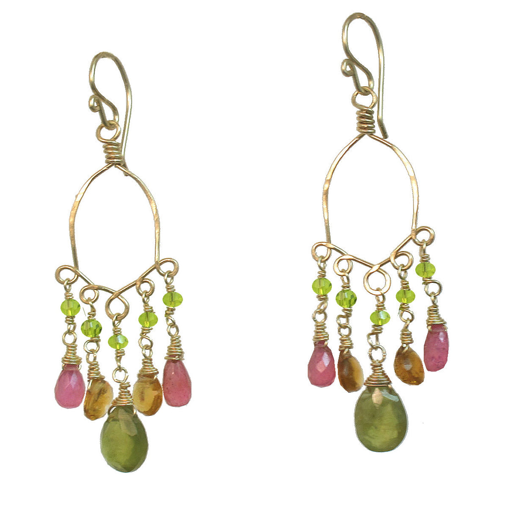 Hammered Half-Round Hoop Earrings with Pink Tourmaline, Citrine & Peridot - ClickThatClicks 