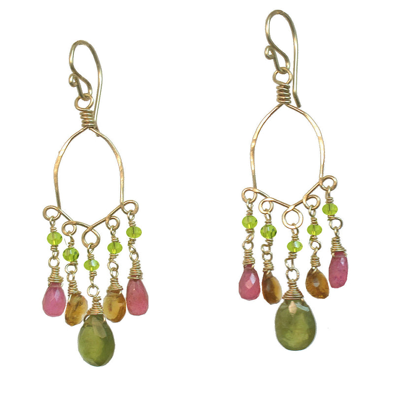 Hammered Half-Round Hoop Earrings with Pink Tourmaline, Citrine & Peridot - ClickThatClicks 