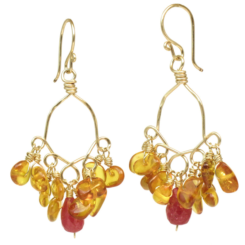 Hammered Half-Round Hoop Earrings with Amber & Pink Sapphire - ClickThatClicks 