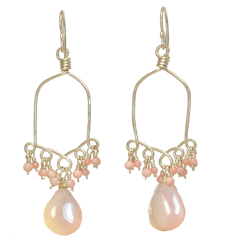 Hammered Drop Earrings with Pink Coral & Rose Chalcedony - ClickThatClicks 