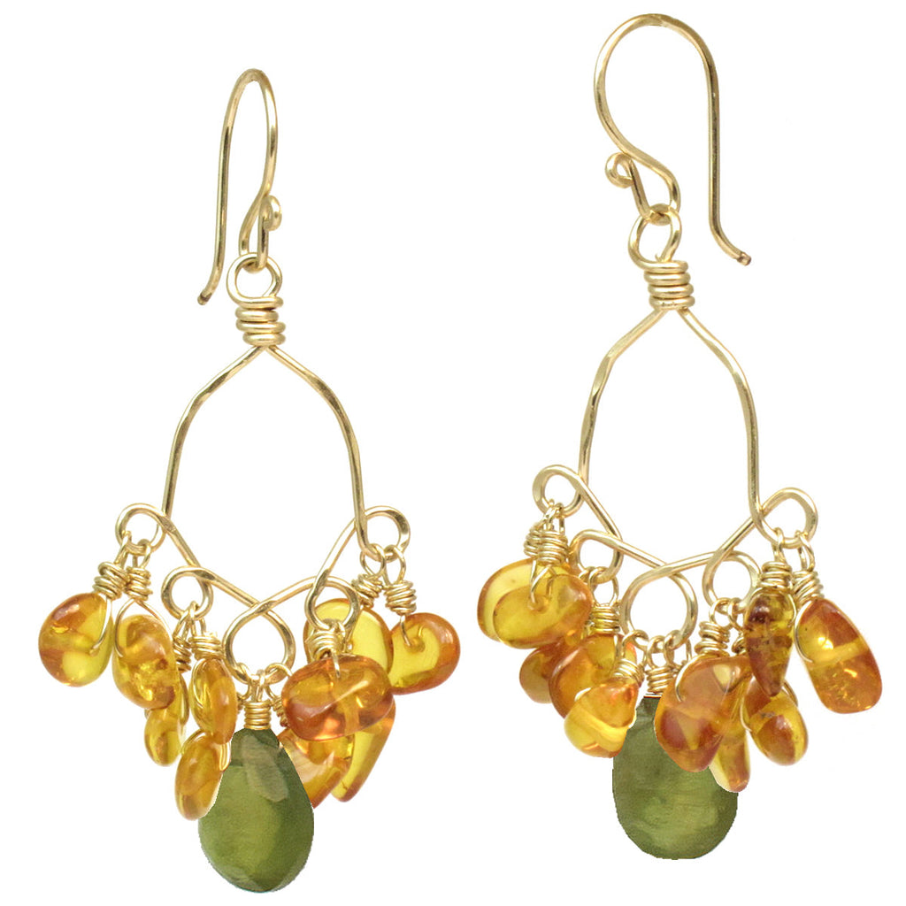 Hammered Drop Hoop Earrings with Amber & Vessonite - ClickThatClicks 