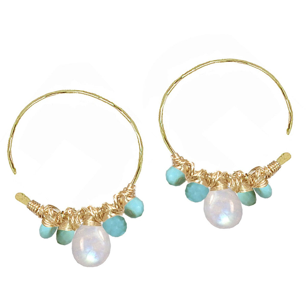 Peruvian Blue Opal & Moonstone Hammered Open Hoop Earrings - ClickThatClicks 