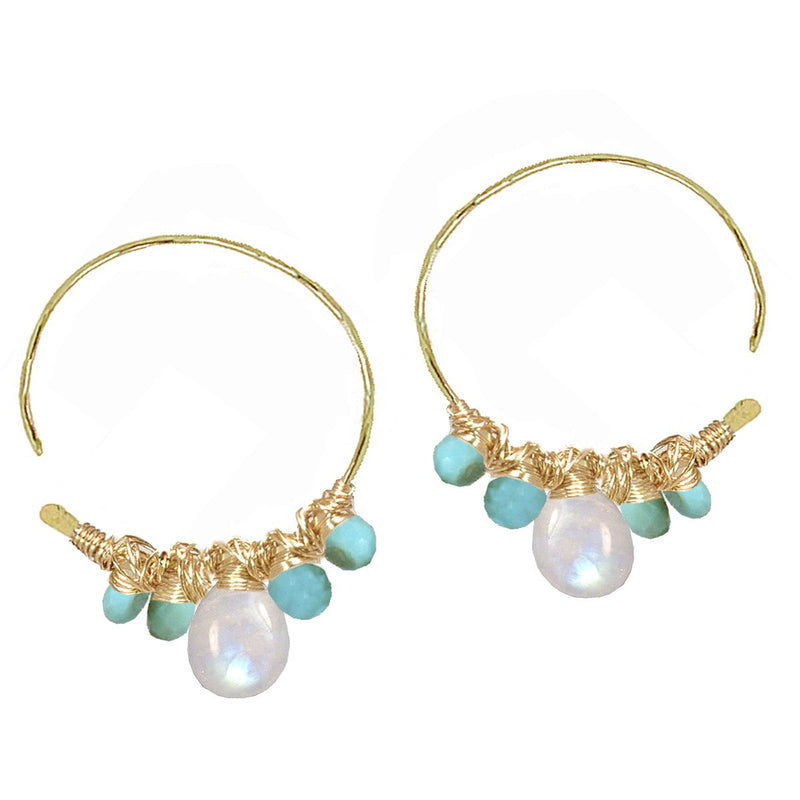 Peruvian Blue Opal & Moonstone Hammered Open Hoop Earrings - ClickThatClicks 