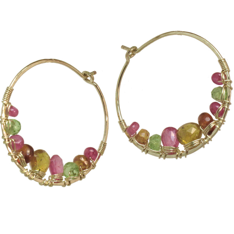 Hammered Hoop Earrings Wrapped with Citrine, Mandarin Garnet, Peridot & Ruby