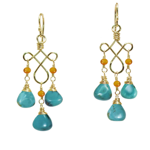 Hammered Curled Wire Earrings with Carnelian & Turquoise
