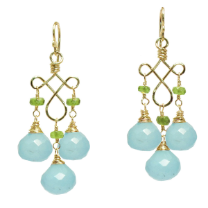 Peridot & Sea Blue Chalcedony Hammered Wire Earrings