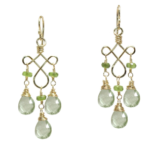 Hammered Curled Wire Earrings with Peridot & Green Amethyst