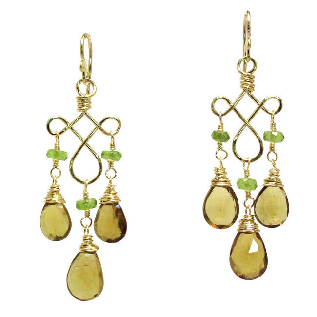 Peridot & Whiskey Quartz Hammered Wire Earrings