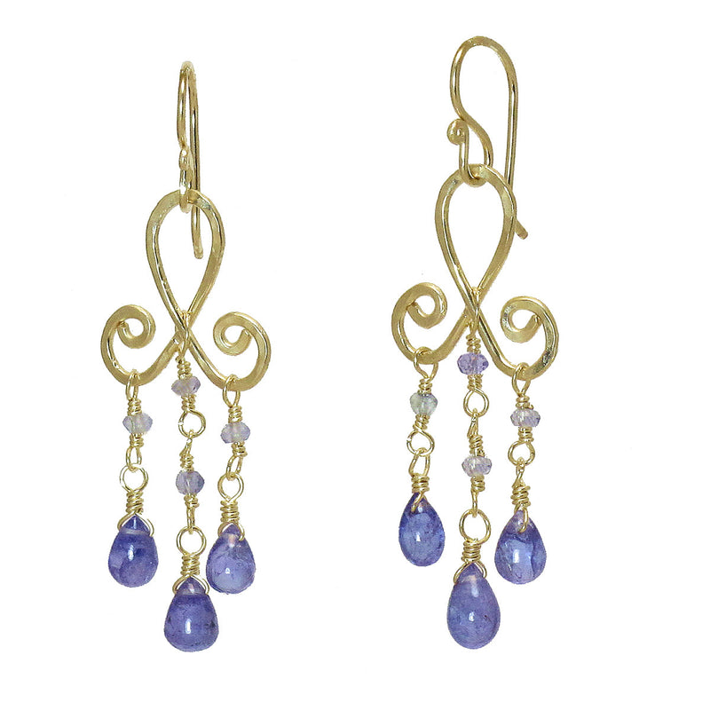 Hammered Curled Wire Earrings with Tanzanite