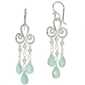 Peridot & Sea Blue Chalcedony Hammered Wire Earrings