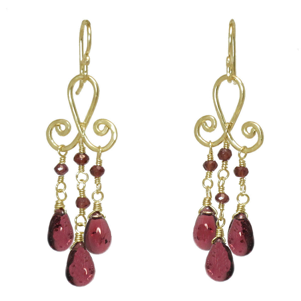 Garnet Curled Hammered Wire Earrings