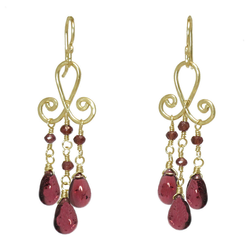 Garnet Curled Hammered Wire Earrings