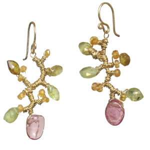 Gemstone Wrapped Branch Earrings – Citrine, Green Garnet & Pink Tourmaline