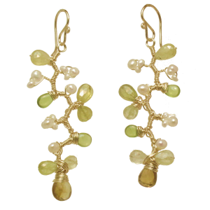 Gemstone Wrapped Branch Earrings – Ivory Pearls & Green Garnet