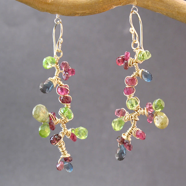 Twisted Gemstone Branch Earrings – Peridot, Green Garnet, Ruby & Blue Topaz