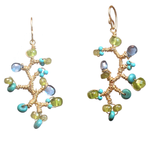 Twisted Gemstone Branch Earrings – Peridot, Green Garnet, Turquoise & Blue Topaz