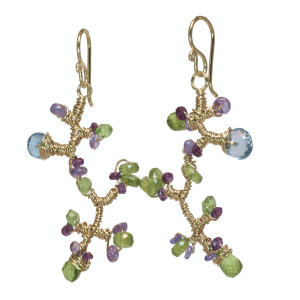 Gemstone Wrapped Branch Earrings – Peridot, Green Garnet, Amethyst, Tanzanite & Blue Topaz