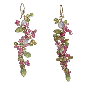 Gemstone Wrapped Branch Earrings – Mixed Tourmaline & Green Garnet