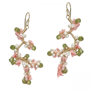Gemstone Wrapped Branch Earrings – Pink Coral & Peridot