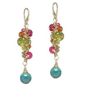Gemstone Wrapped Branch Earrings – Ruby, Mandarin Garnet, Peridot & Turquoise
