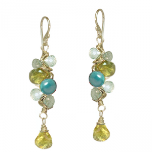Handcrafted Wrapped Gemstone Branch Earrings – Peridot, Aquamarine, Turquoise & Vessonite