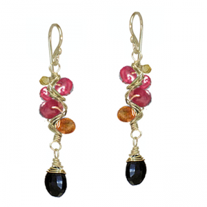 Handcrafted Wrapped Gemstone Branch Earrings – Ruby, Mandarin Garnet & Black Spinel